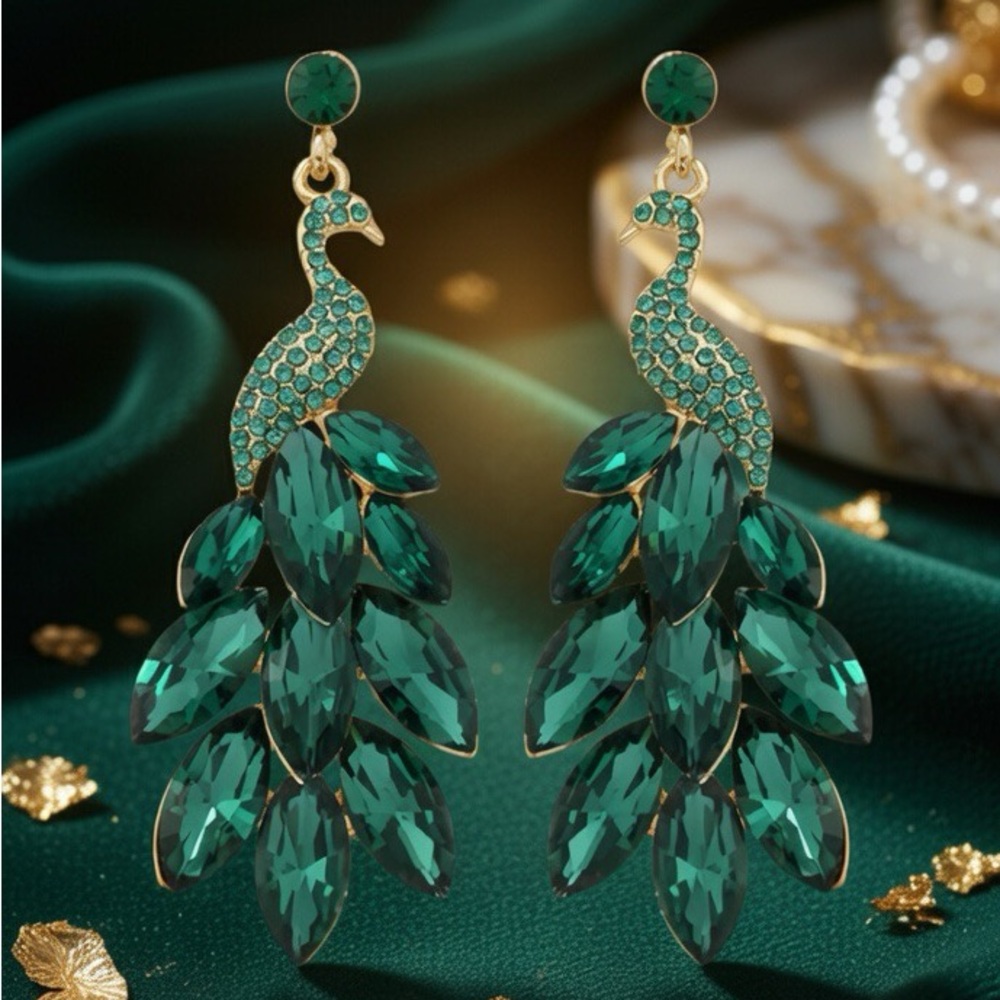 Emerald Peacock Drop Earrings - Gold Tone